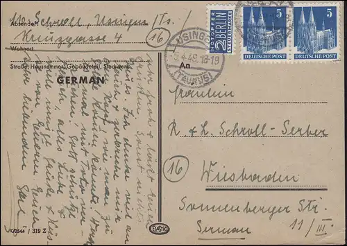 75 wg Bauten 5 Pf  Paar MeF Fern-Postkarte USINGEN/TAUNUS 5.4.49 nach Wiesbaden