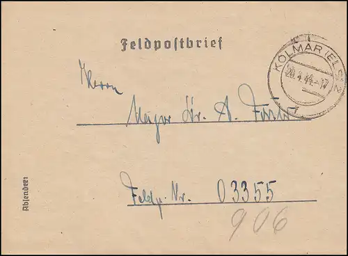 Feldpost Heeresgestüt Schoppenweier Brief KOLMAR (ELS.) 20.4.44 an FP-Nr. 03355