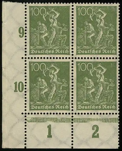 187c Freicke Arbeiter 100 Pf vert pâle coin bloc quatre en bas à gauche **