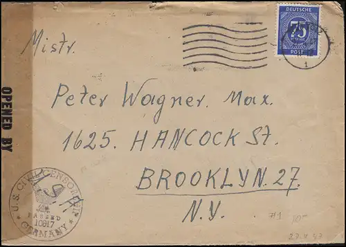 CE 934 point 75 pf. EF Lettre de censure Bad Tölz 27.4.47 vers les États-Unis