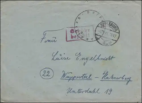 Temple payant sur lettre BERLEBURG 5.9.1945 avec timbres aptisés