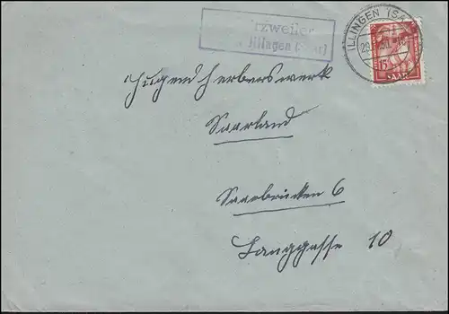 Landpost Hirzweiler über ILLINGEN (SAAR) 29.11.1950 auf Brief mit 281 als EF