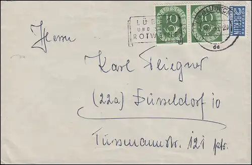 128 Posthorn 10 Pf couple avec sacrifice d'urgence Bf LÜBECK et ses vins 28.10.53