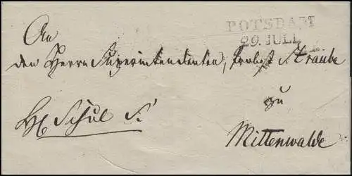 Prusse Vorchilatelie Coque de lettres bi-zeiler POTSDOM 29 JUILLET vers Mittenwalde