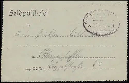 Bahnpoststempel GENT-COURTRAI Zug 117 - 16.7.15 auf Feldpostkarte