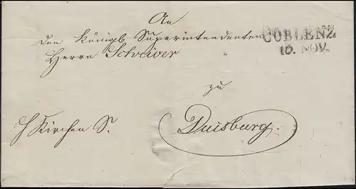 Prusse Vorphilatelie Porte-lettres L2 COBLENZ 10. NOV. à Duisburg