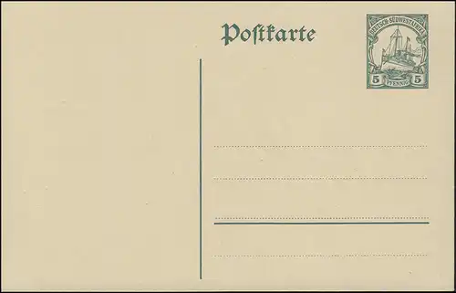 DSWA Postkarte 19I Kolonial-Schiffszeichnung 5 Pf grün mit WZ. I, ungebraucht **