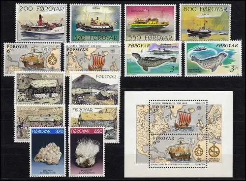 227-242 Danemark-Färöer 1992 avec bloc 5 complet, ** frais de port