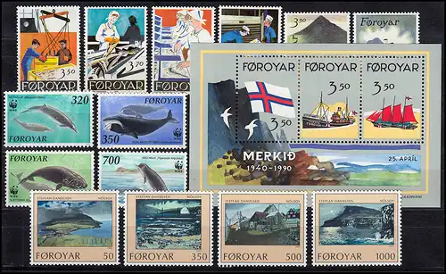 194-210 Danemark-Färöer 1990 avec bloc 4 complet, ** frais de port