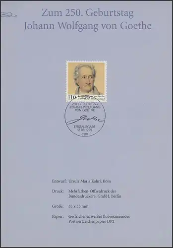 Jahresgabe der Post Das Goethe-Jahr, ESSt Bonn 12.8.1999