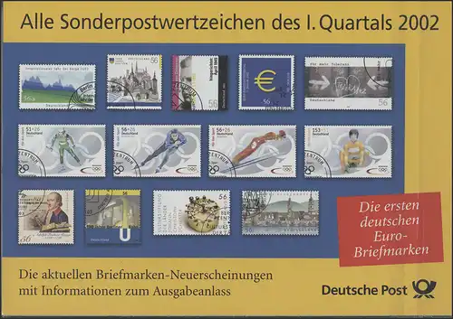 Sonderpostwertzeichen des I. Quartals 2002 mit Ersttagssonderstempel