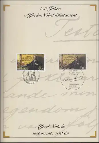 1828 Alfred Nobel - EB 1/1995 Ersttagssonderstempel Bonn 9.11.95