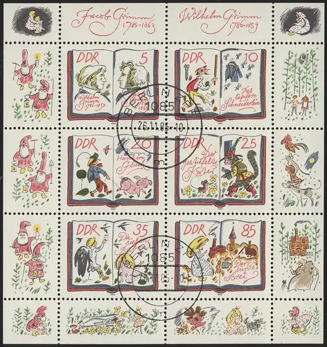 2987-2992 Märchen-Kleinbogen Grimm 1985, VS-O Berlin ZPF