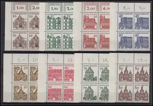 454-461 Bauten 8 Werte, Eckrand-Viererblock oben links ungefaltet, Satz **