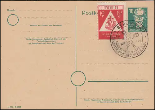 Carte postale SBZ P 35/01 Bebel 10 Pf avec 228 carte blanche SSt BERLIN 16.3.1949
