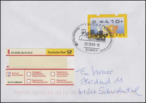 3.2 Posthörner ATM 410 als EF Einwurf-Einschreiben FDC Köln 22.10.99, codiert