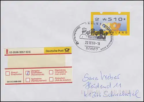 3.2 Posthorner ATM 510 comme lettre de remise EF FDC Cologne 22.10.99, codé