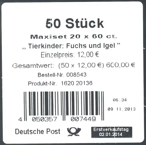 FB 36 Tierkinder: Fuchs und Igel, Folienblatt-Banderole für 50 Maxisets