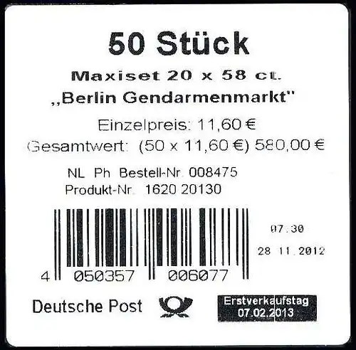 FB 26 Gendarmenmarkt, Folienblatt 10x2987-88, Banderole: Type I