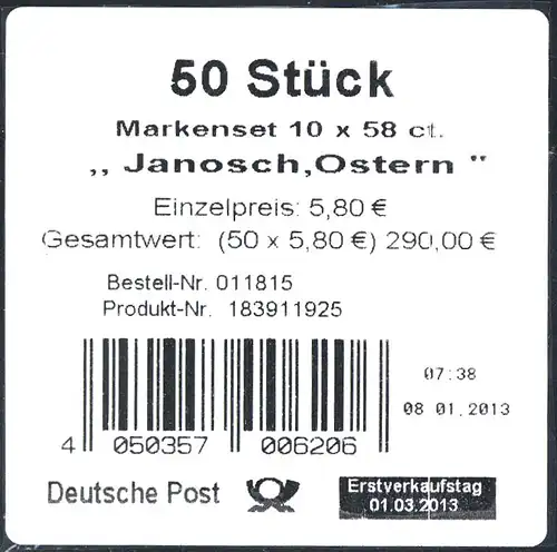 FB 28 Janosch: Ostern, Folienblatt - Banderole für 50 Markensets
