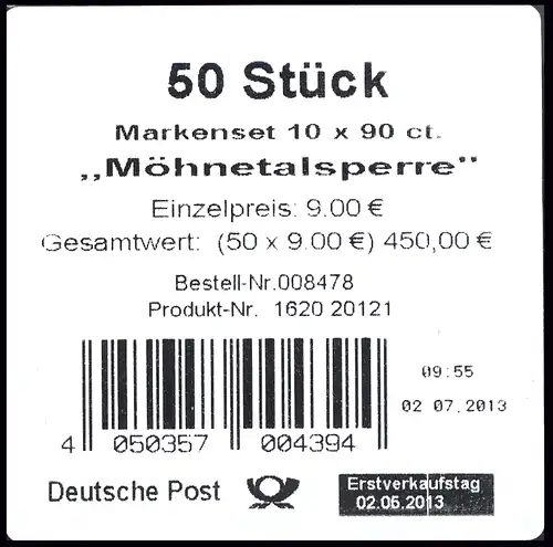 FB 30 Bloc de möhnettal, feuille feuille - Banderole pour 10 ensembles de marques sans code DHL