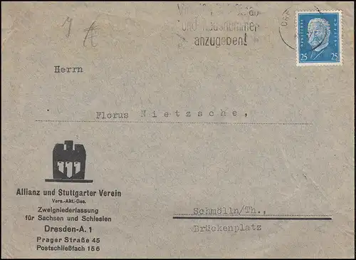 Firmenlochung AD auf 416 Hindenburg 25 Pf. auf Brief aus Dresden nach Schmölln