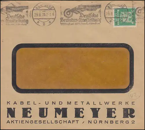 Firmenlochung KMN auf 356 Adler EF auf Fensterbrief NÜRNBERG Ausstellung 29.8.25