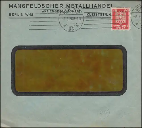 Trou de l'entreprise MM sur 357 Adler 10 Pf. comme EF sur la lettre de fenêtre BERLIN 8.9.26