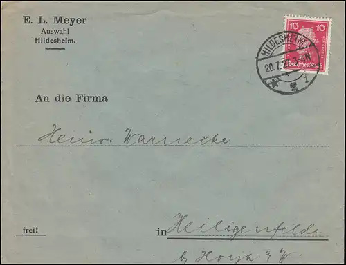 Trou de l'entreprise MA sur Friedrich le Grand 10 Pf. EF sur lettre HILDESHEIM 20.7.27