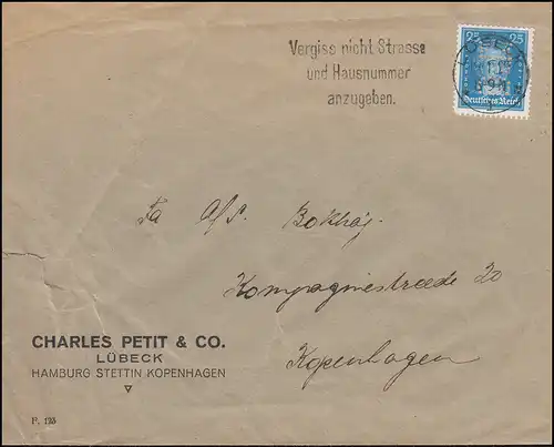 Trou de société CPC sur 393 Goethe 25 Pf comme EF sur lettre étrangère LÜBECK 19.1.29