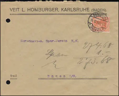 Firmenlochung VLH auf 141 Germania 10 Pf auf Brief KARLSRUHE 15.12.20 nach Engen