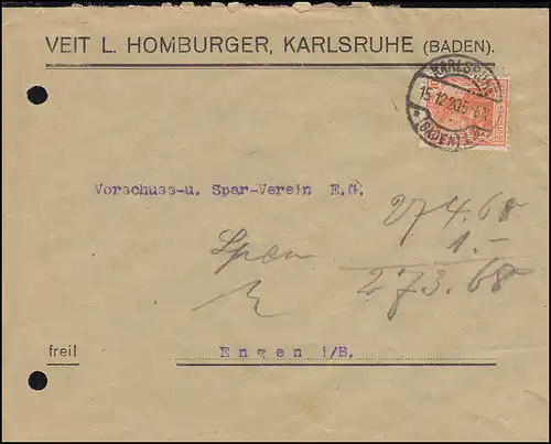 Trou de société VLH sur 141 Germania 10 Pf sur lettre KARLSRUHE 15.12.20 après Engen