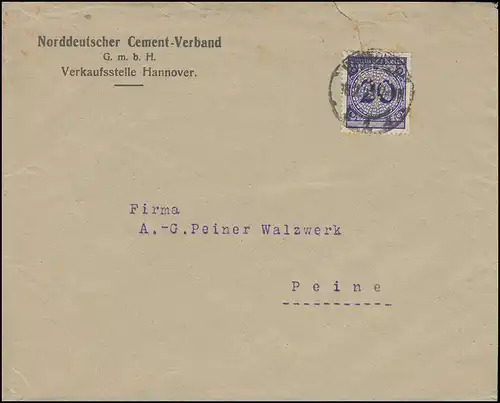 Firmenlochung NCV auf 341 Korbdeckel 20 Pf auf Brief HANNOVER um 1924 nach Peine
