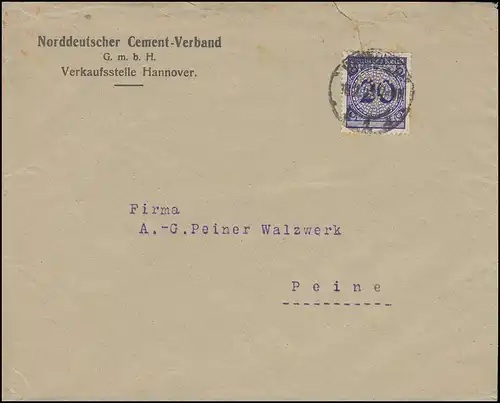 Trou de l'entreprise NCV sur 341 couvercles de panier 20 Pf sur lettre HANNOVER vers 1924 après Peine