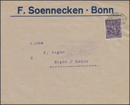 Firmenlochung F.S. auf 230 Posthorn 20 Mark EF auf Drucksache BONN 1923 n. Engen