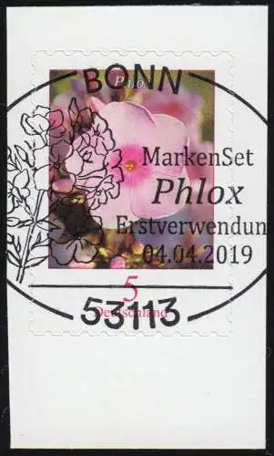 3459 Blume Phlox 5 Cent, selbstklebend aus FB 87, EV-O Bonn 4.4.19