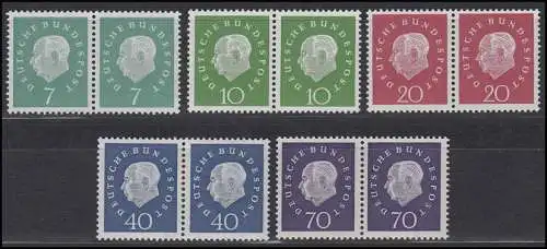 302-306 Heuss 5 valeurs, paires horizontales, ensemble complet frais de port **