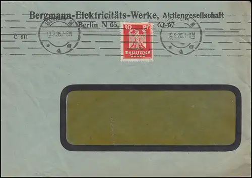 Firmenlochung BJ auf 357 Adler 10 Pf. als EF auf Brief BERLIN 10.9.26