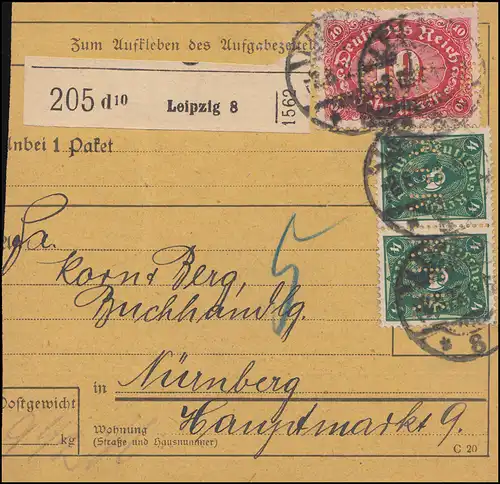 Firmenlochung K.F.K. auf Posthorn und Ziffer MiF auf Paketkarte LEIPZIG 2.6.22