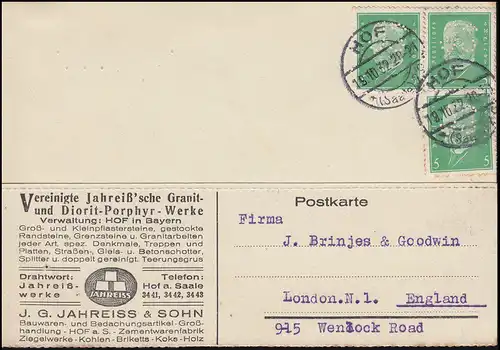 Trou de l'entreprise JS sur Hindenburg 5 Pf comme MeF sur carte postale HOF/SAALE 19.10.32
