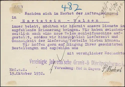 Firmenlochung JS auf Hindenburg 5 Pf als MeF auf Postkarte HOF/SAALE 19.10.32