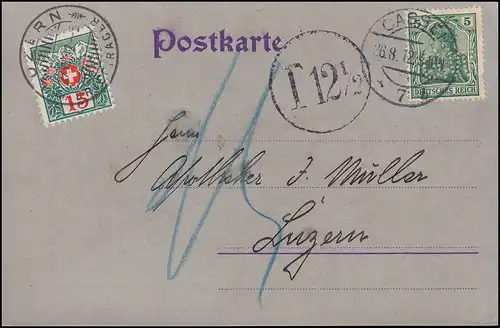 Firmenlochung G.W. auf Germania 5 Pf. auf Postkarte CASSEL26.8.12 in die Schweiz