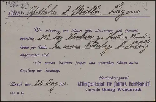 Firmenlochung G.W. auf Germania 5 Pf. auf Postkarte CASSEL26.8.12 in die Schweiz