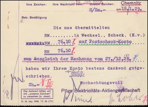 Firmenlochung P auf 389 Beethoven 8 Pf. als EF auf Postkarte CHEMNITZ 18.1.29