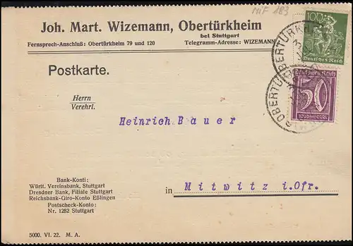 JMW sur les mineurs 100 Pf MiF sur carte postale OBERTÜRKHEIM 3.7.22
