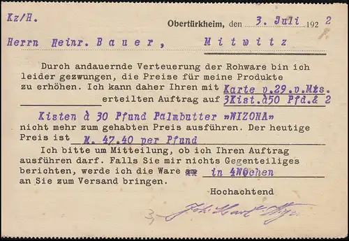 JMW sur les mineurs 100 Pf MiF sur carte postale OBERTÜRKHEIM 3.7.22