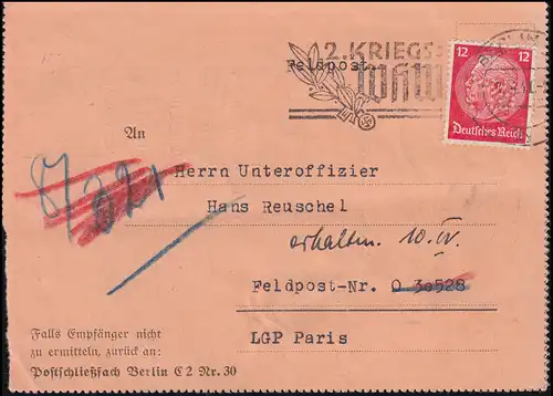 Firmenlochung MB auf Hindenburg 12 Pf. EF auf Feldpost-Kartenbrief BERLIN 1.4.41