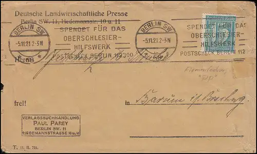 Firmenlochung P.P. auf Ziffer 15 Pf. als EF auf Drucksache BERLIN 5.11.21