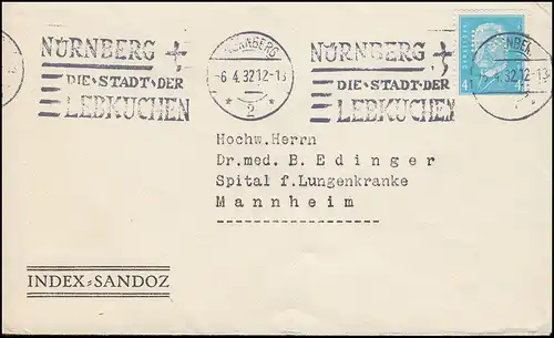 Trou de société FA sur 454 Hindenburg 4 Pf. comme EF sur l'impression NÜRNBERG 6.4.32