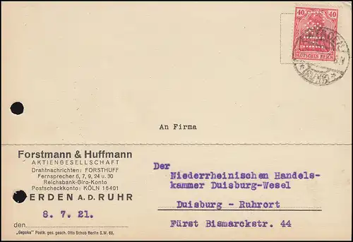Firmenlochung F&H auf 145aII Germania 40 Pf EF auf Postkarte WERDEN/ RUHR 9.7.21